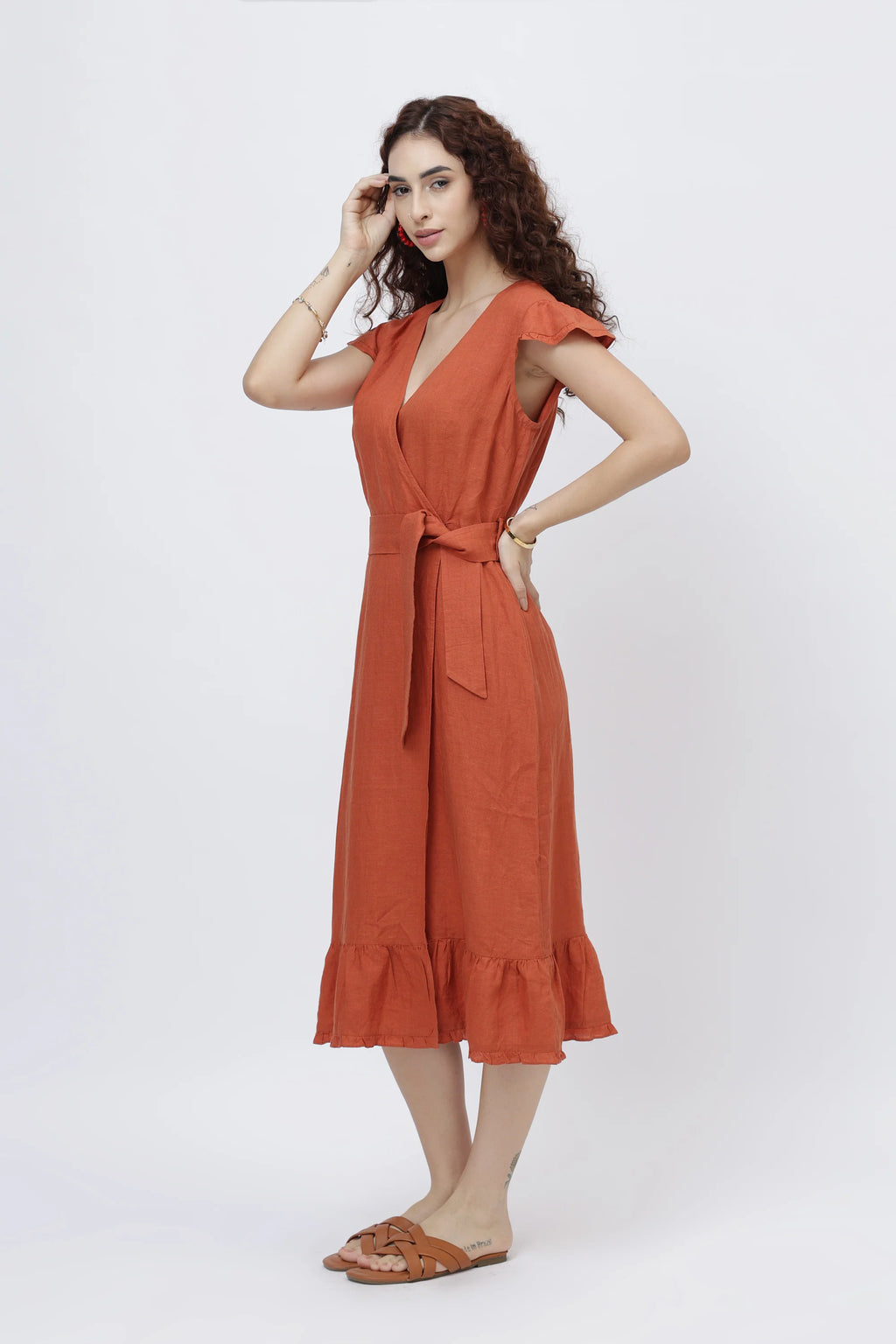 Flutter Sleeve Linen Wrap Midi Dress European Linen