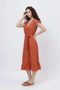 Flutter Sleeve Linen Wrap Midi Dress European Linen