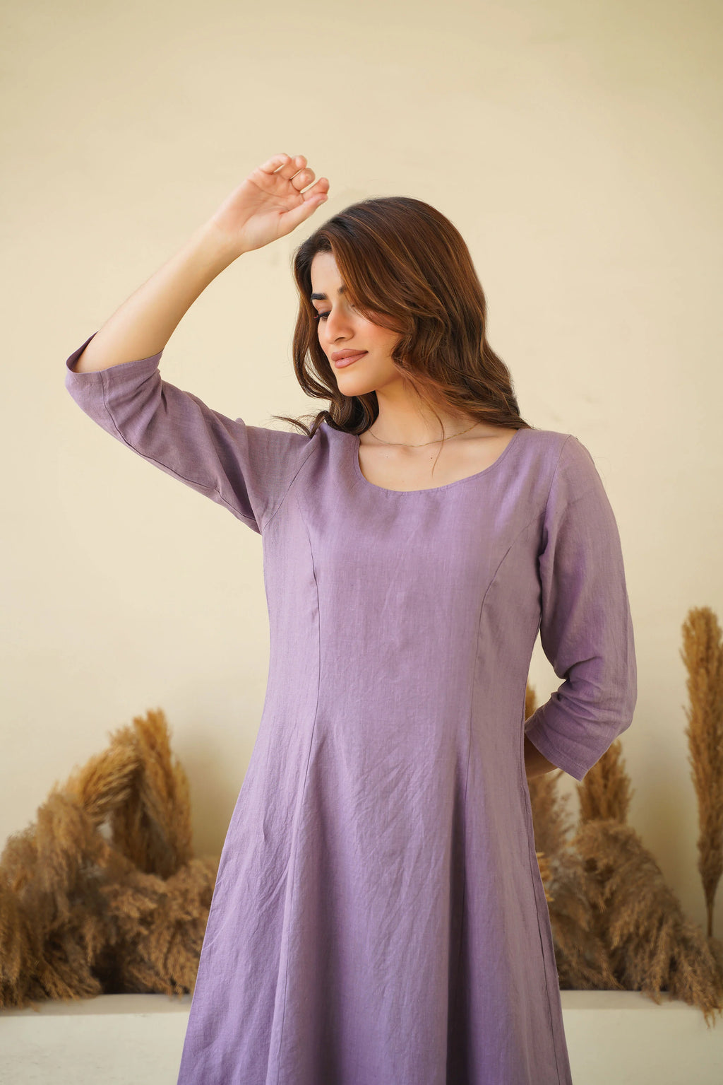 Lilac women linen dress Round neck linen tunic with princess seams long sleeve Zipper lining