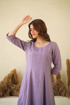 Lilac women linen dress Round neck linen tunic with princess seams long sleeve Zipper lining