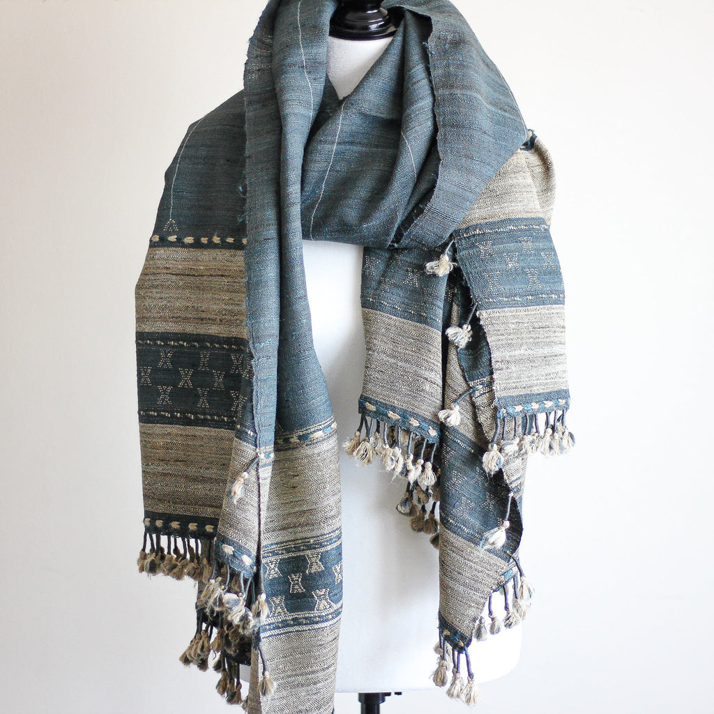 Tussar Silk Merino Wool Shawl with Tassels Handspun Handwoven Blue Golden Brown 40x82