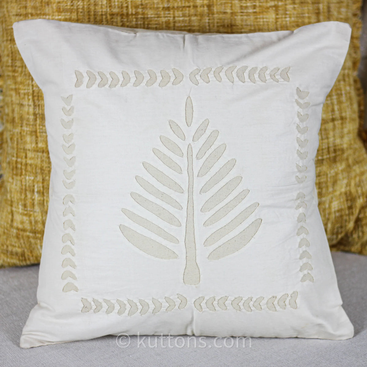 Applique Work Cotton Cushion Cover Handcrafted Decorative Pillow Cream 16x16