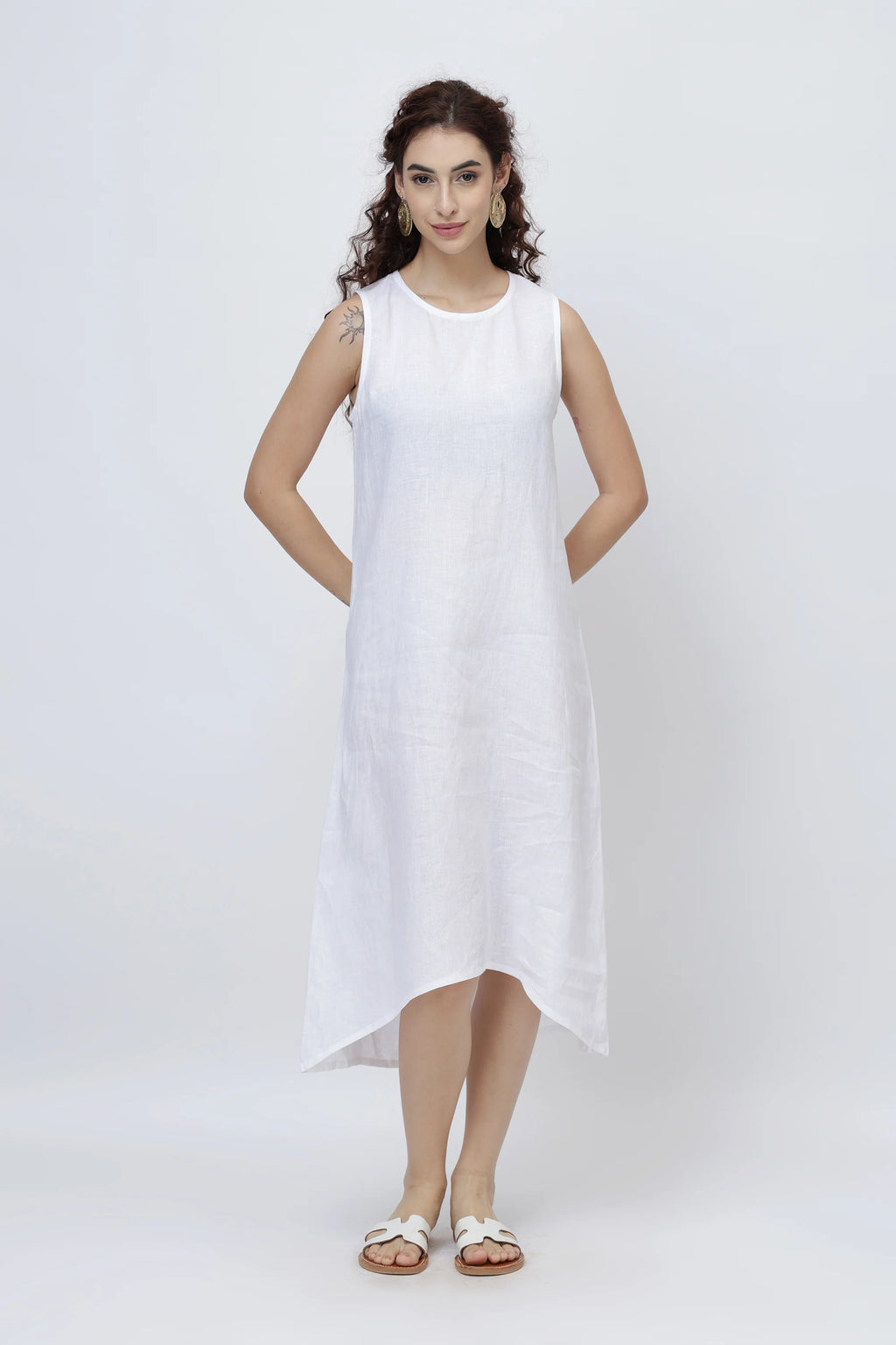 Effortless Linen Shift Midi Dress with High Low Hem
