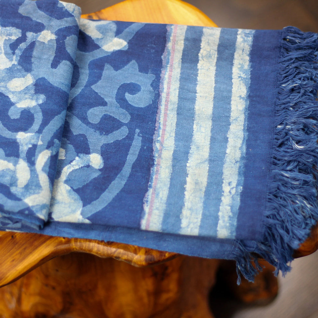Naturally Dyed Art Block Print Handwoven Cotton Towel Guest Bathroom Decor Blue 28x62