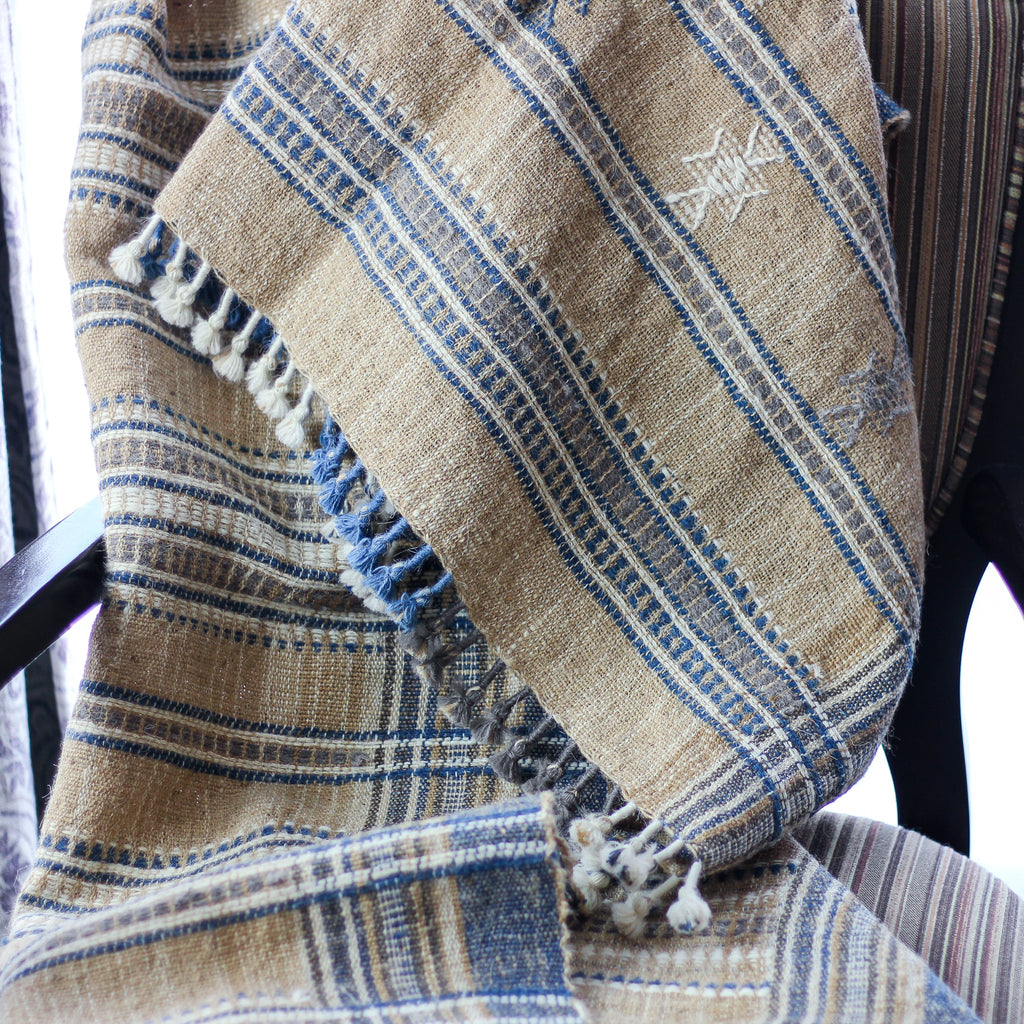 Ethnic Handspun Handwoven Wool Throw cum Blanket Beautiful Tassels Khaki 40x89