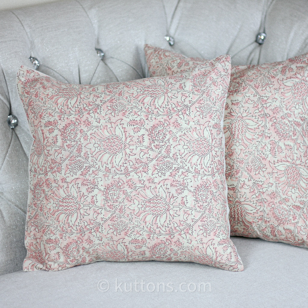 Floral Printed Cotton Cushion Cover Cream Pink 16x16 Set of 2
