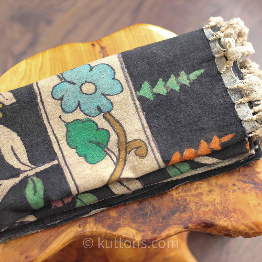 Kalamkari Hand Painted Organic Cotton Wrap Ethnic Scarf Natural Colours Black 23x86