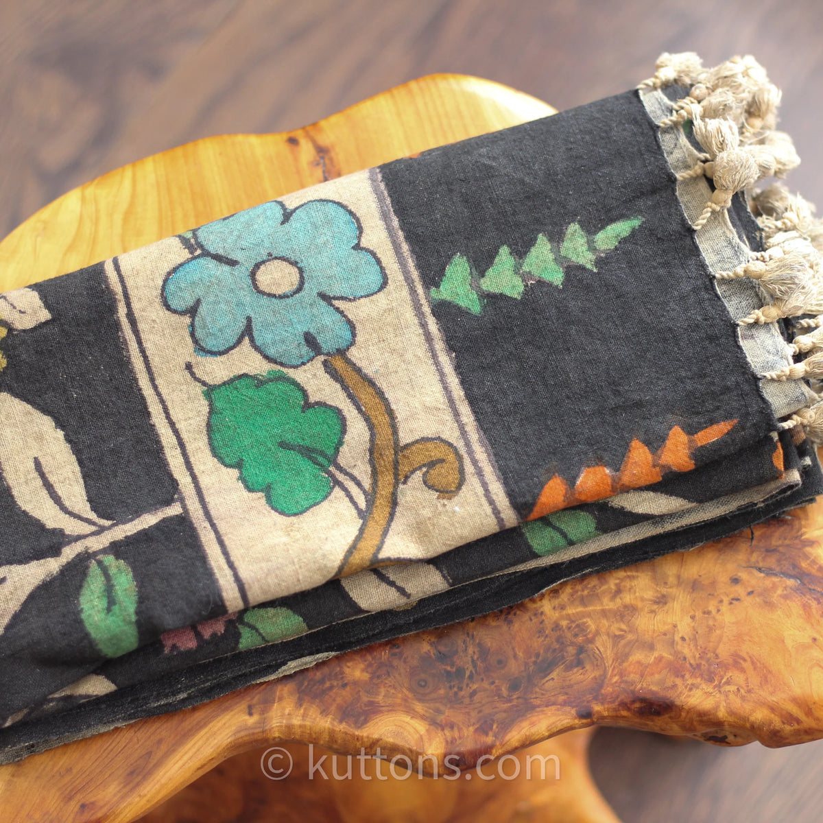 Kalamkari Hand Painted Organic Cotton Wrap Ethnic Scarf Natural Colours Black 23x86