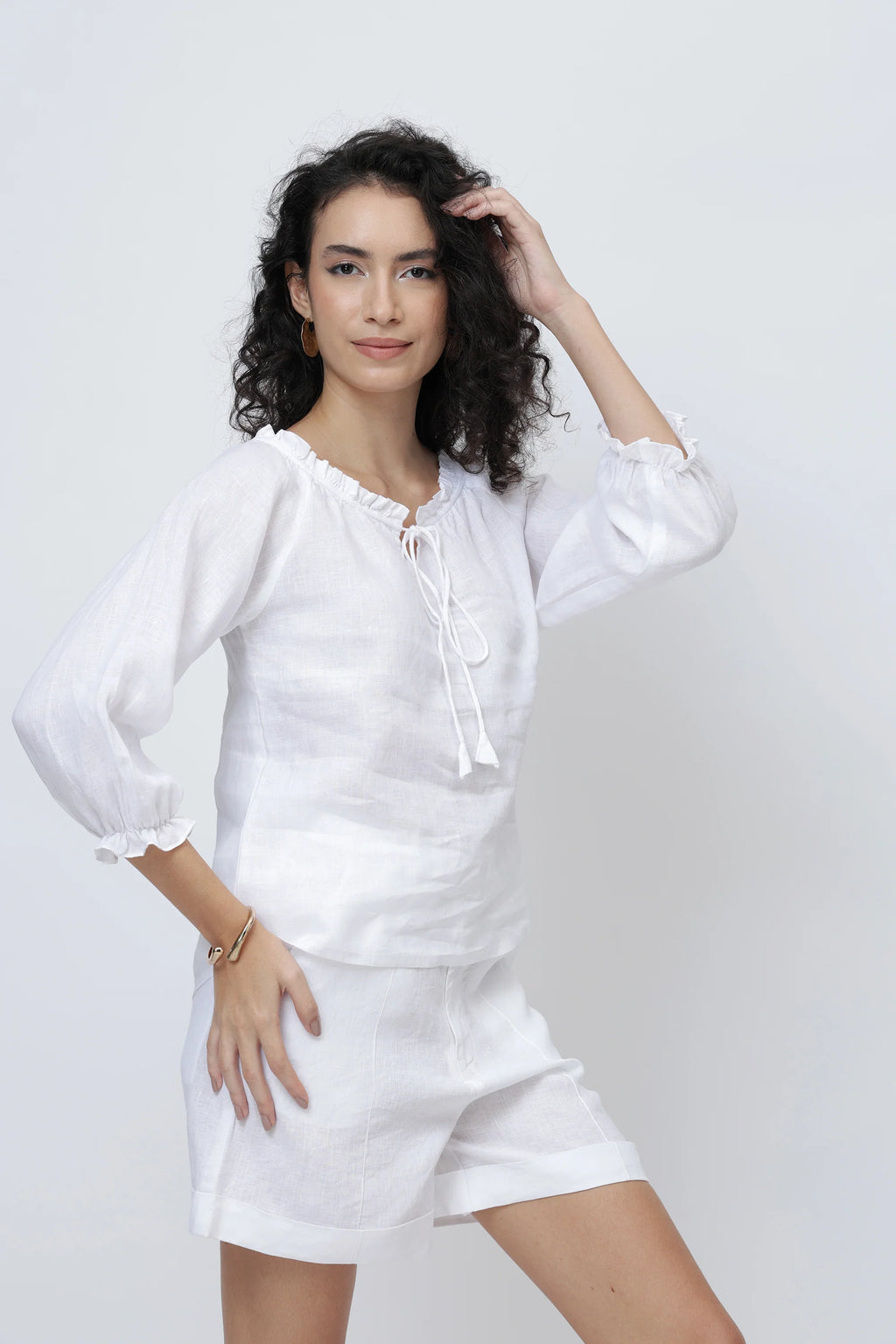 Signature Linen Tie Neck Top Soft Ruffle Collar Sleeves