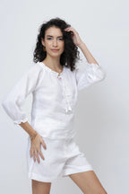 Signature Linen Tie Neck Top Soft Ruffle Collar Sleeves