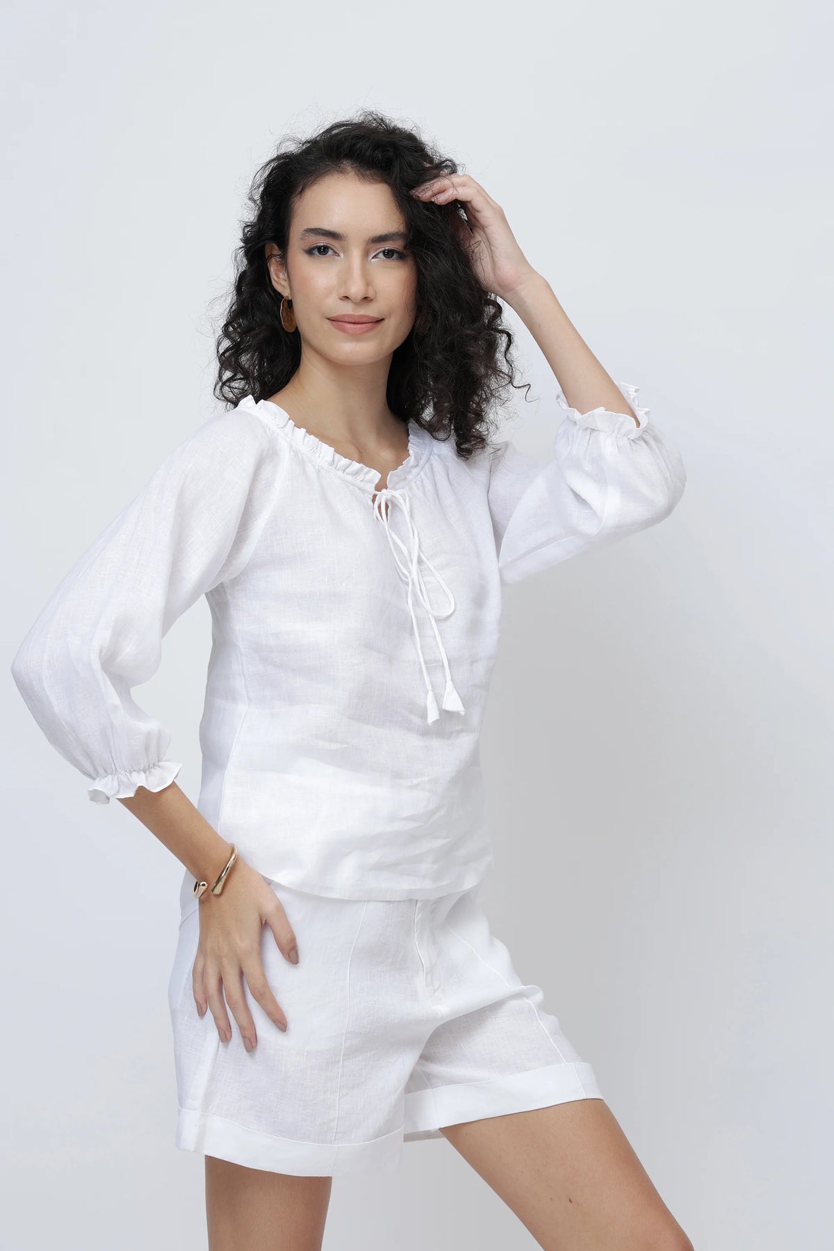 Signature Linen Tie Neck Top Soft Ruffle Collar Sleeves