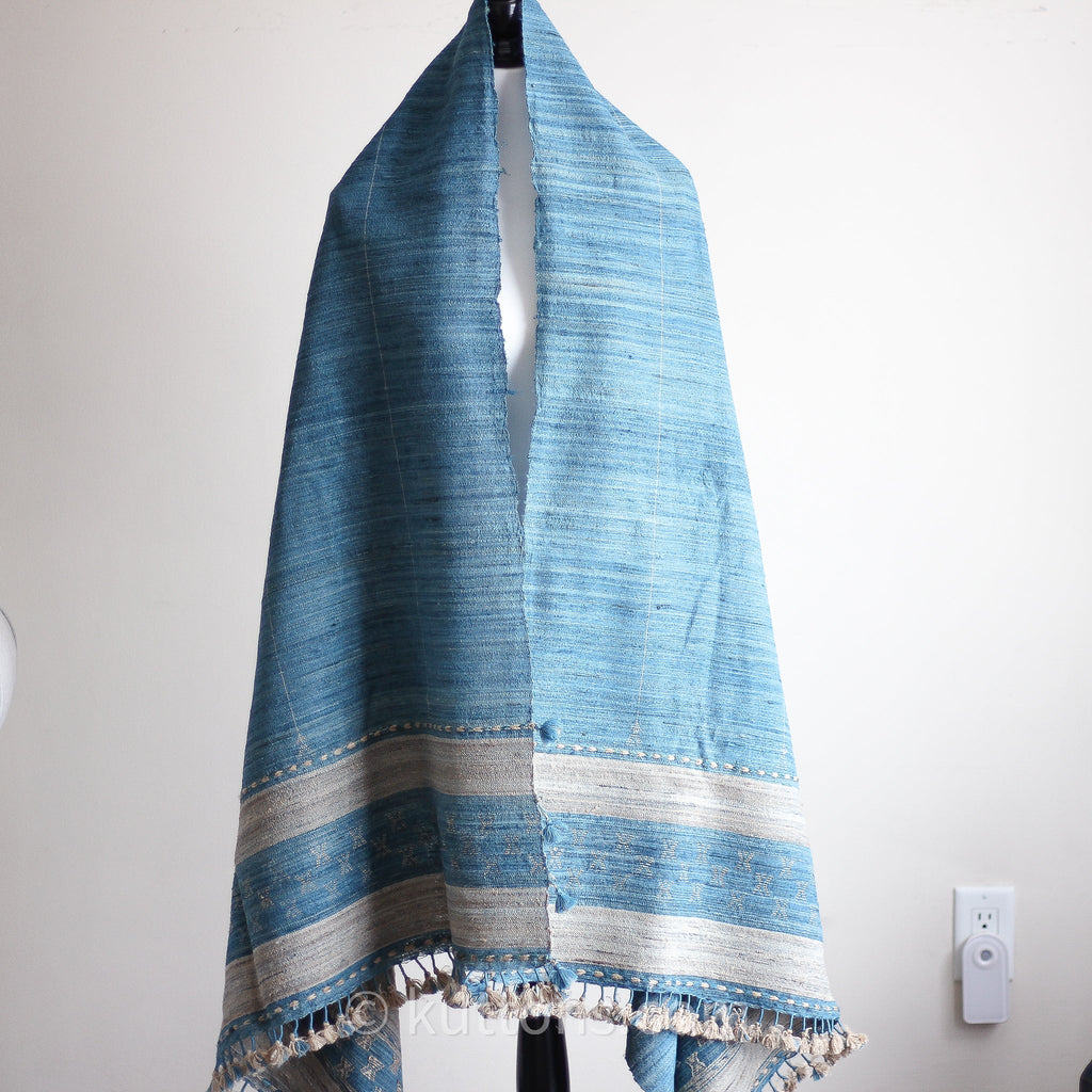 Tussar Silk Merino Wool Shawl with Tassels Handspun Handwoven Blue Golden Brown 40x82