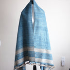 Tussar Silk Merino Wool Shawl with Tassels Handspun Handwoven Blue Golden Brown 40x82