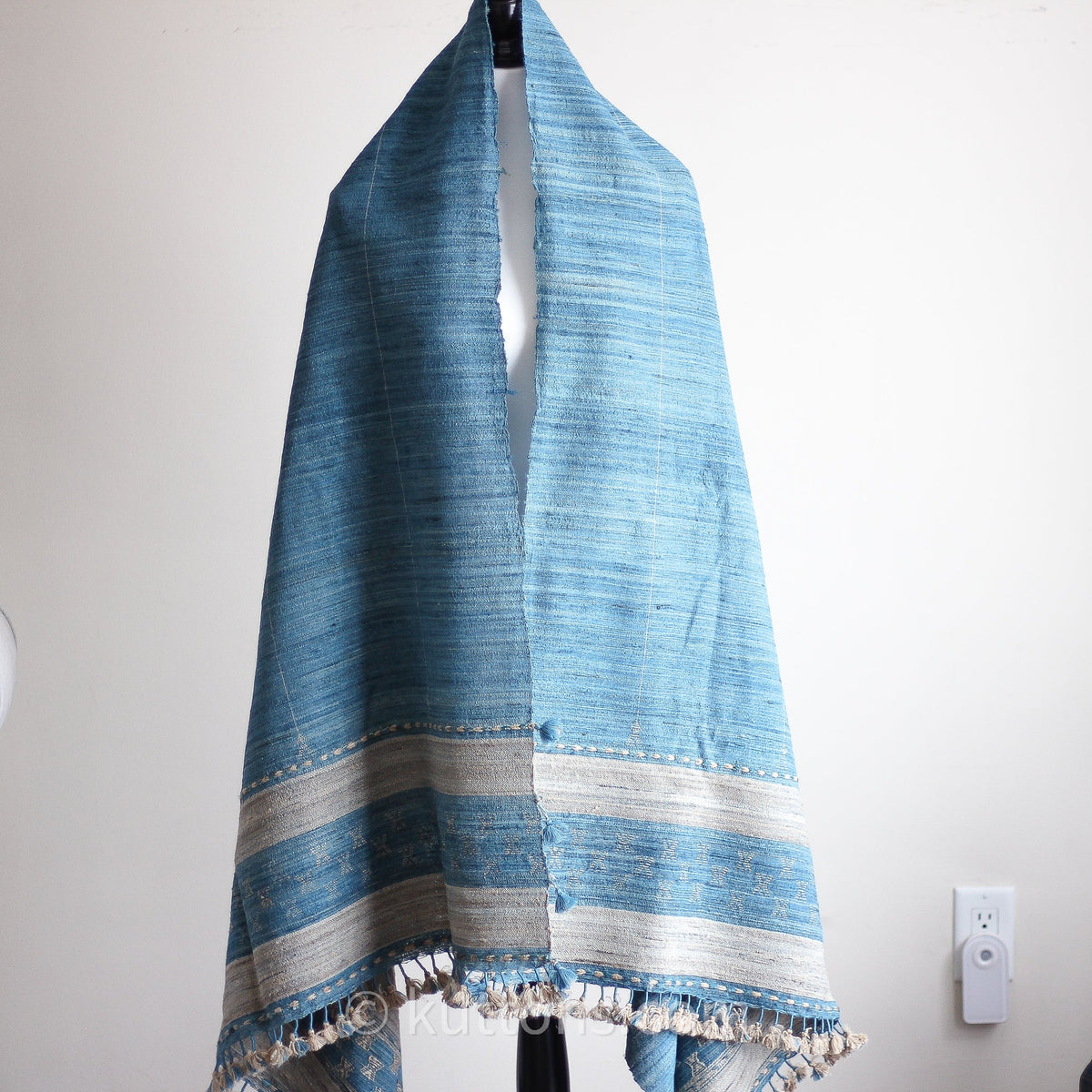 Tussar Silk Merino Wool Shawl with Tassels Handspun Handwoven Blue Golden Brown 40x82