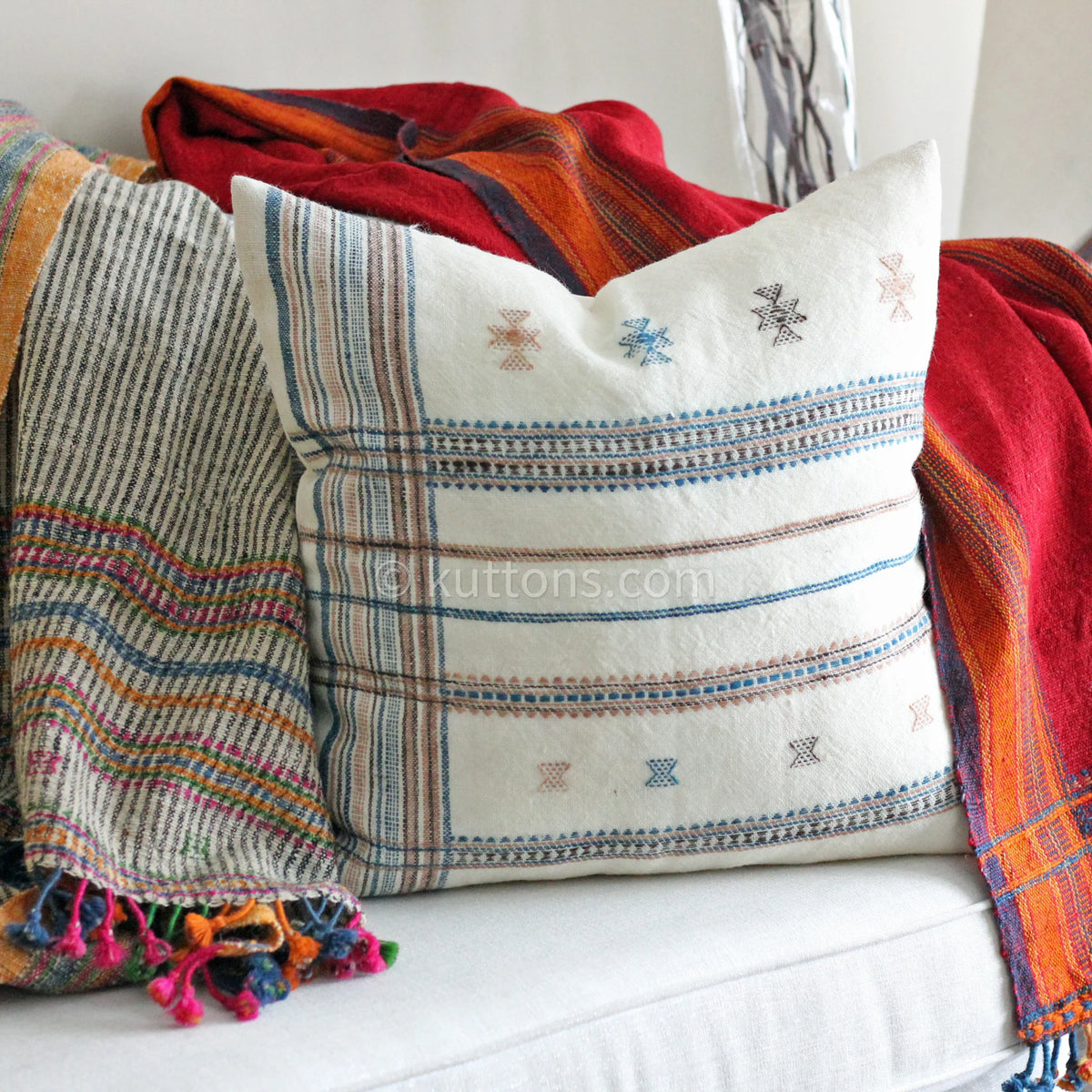 Handwoven Bhujodi Wool Cushion Cover Set Decorative Throw Pillows Cream Set of 2 22x22 18x235