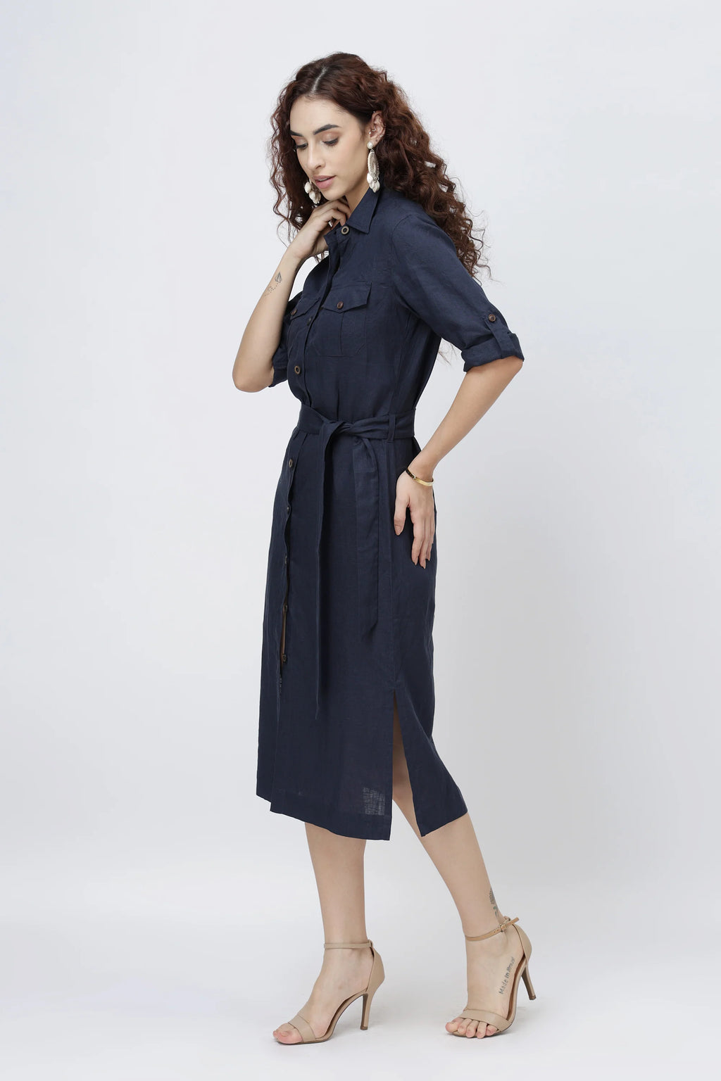 Tailored Linen Shirt Midi Dress Belted Shirt Dress