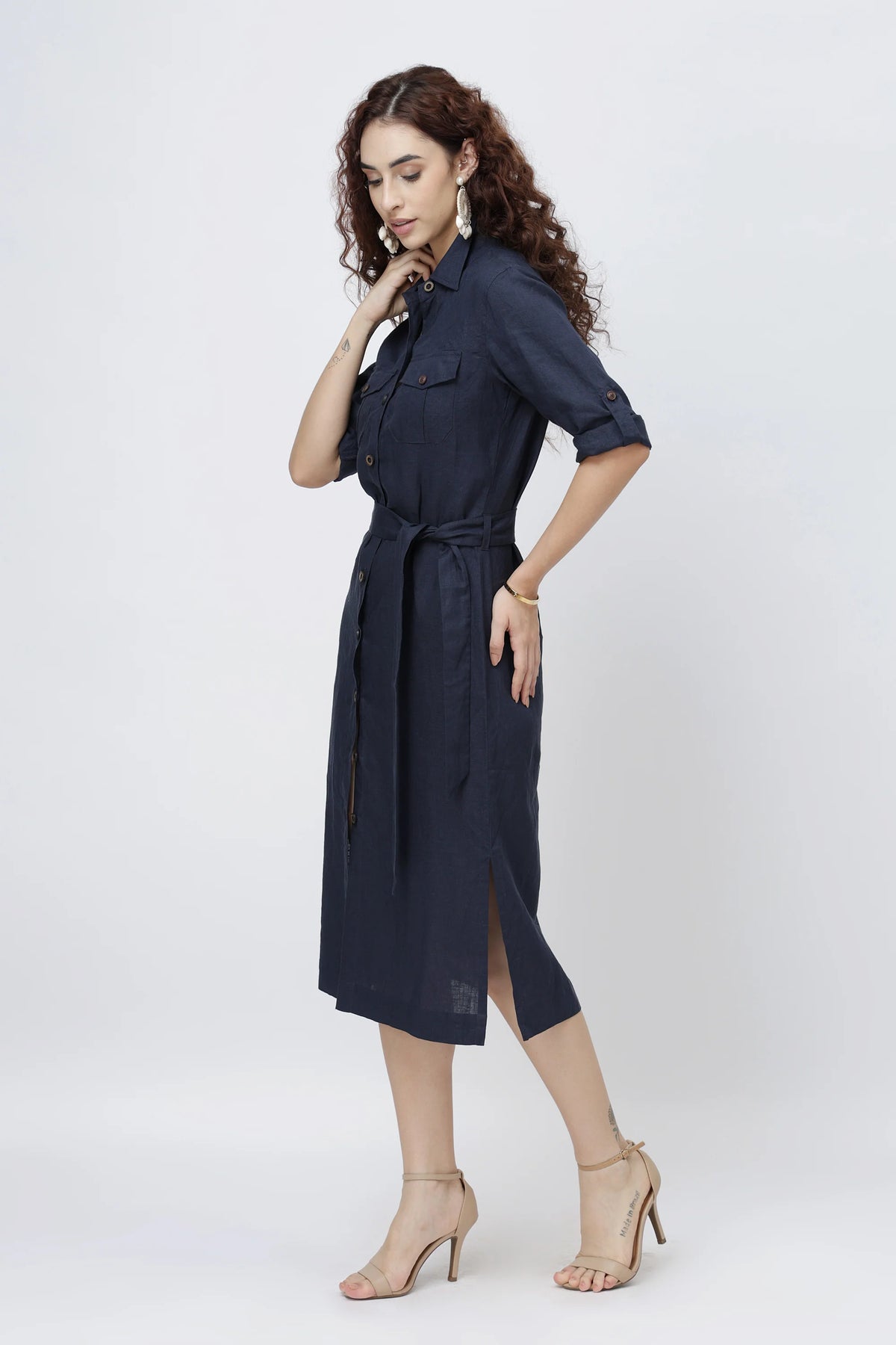 Tailored Linen Shirt Midi Dress Belted Shirt Dress