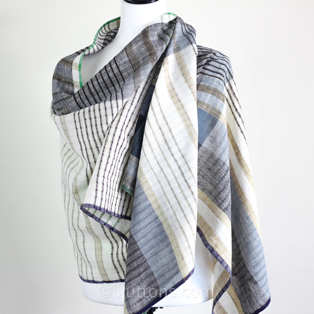 Handspun Handwoven Organic Cotton Scarf Light Airy Stole Cream Blue 24x79