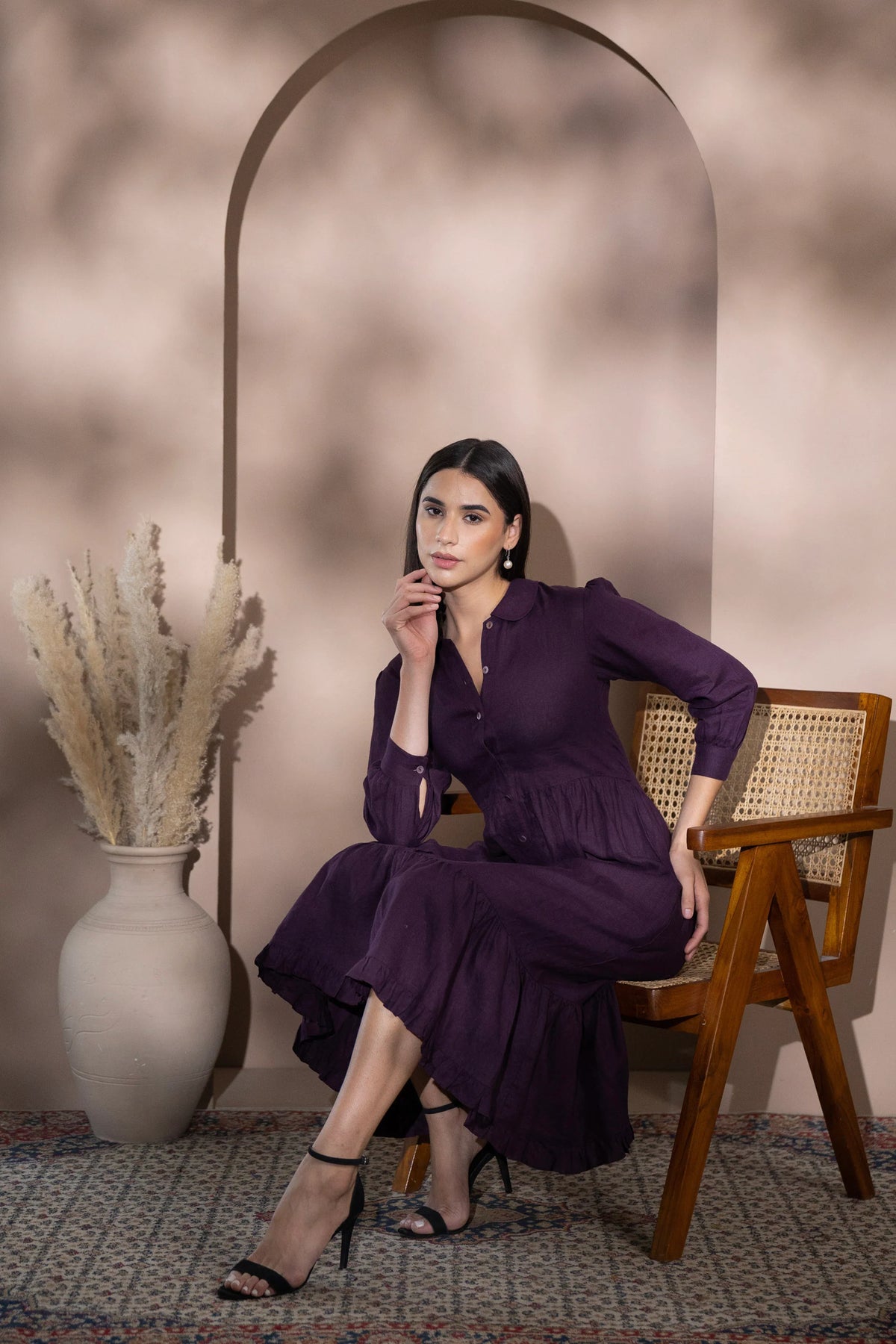 Tiered Button Front Midi Dress in European Linen Gathered Midi Shirt Dress