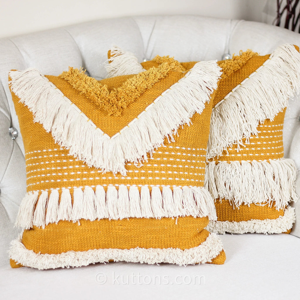 Cotton Embroidered Textured Pillow Cover Boho Decorative Cushion Orange White 18x18