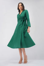 Wrap Linen Midi Dress with Collar Tie Waist Cross Over Waist Tailored Collar European Linen