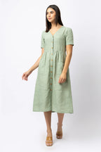 Linen Button Front Midi Dress with Pockets