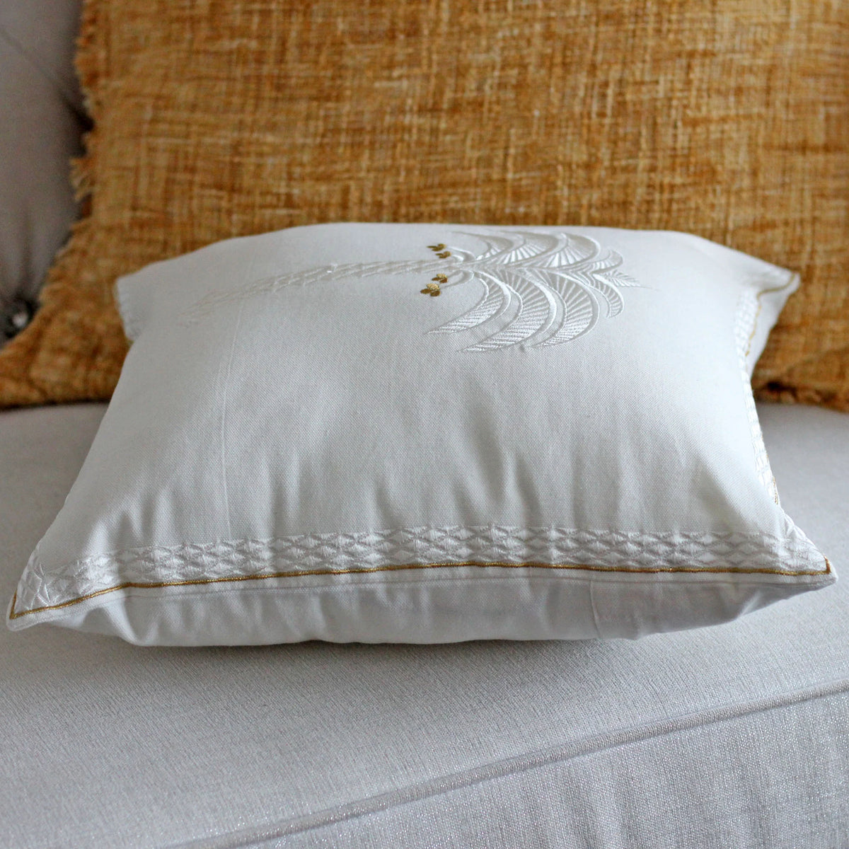 Calm Palm White Cotton Embriodered Decorative Linen Pillow Cover Chair Cushion 16x16