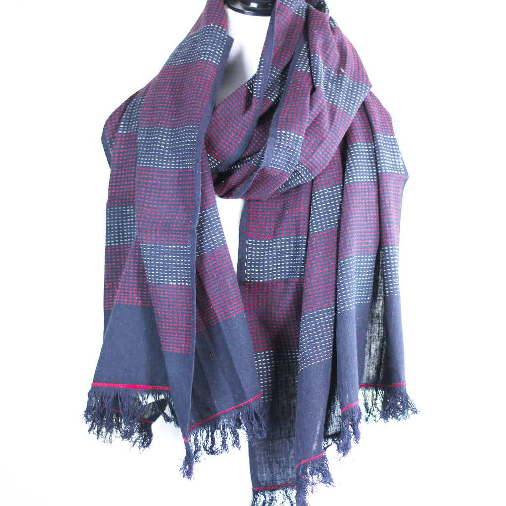 Handspun Handwoven Pure Cotton Scarf Frayed Edges Black Red 23x76