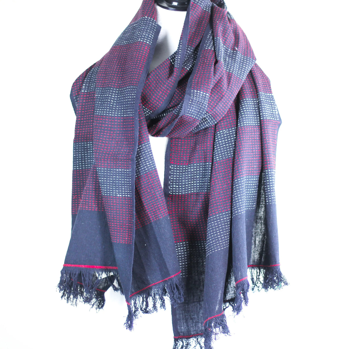 Handspun Handwoven Pure Cotton Scarf Frayed Edges Black Red 23x76