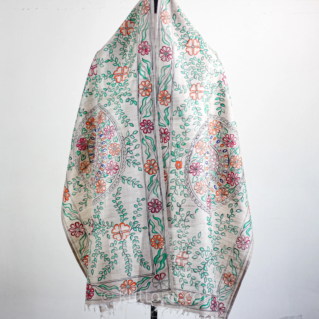 Ethnic Hand Painted Madhubani Stole Khincha Silk Handloom Wrap Golden 22x80