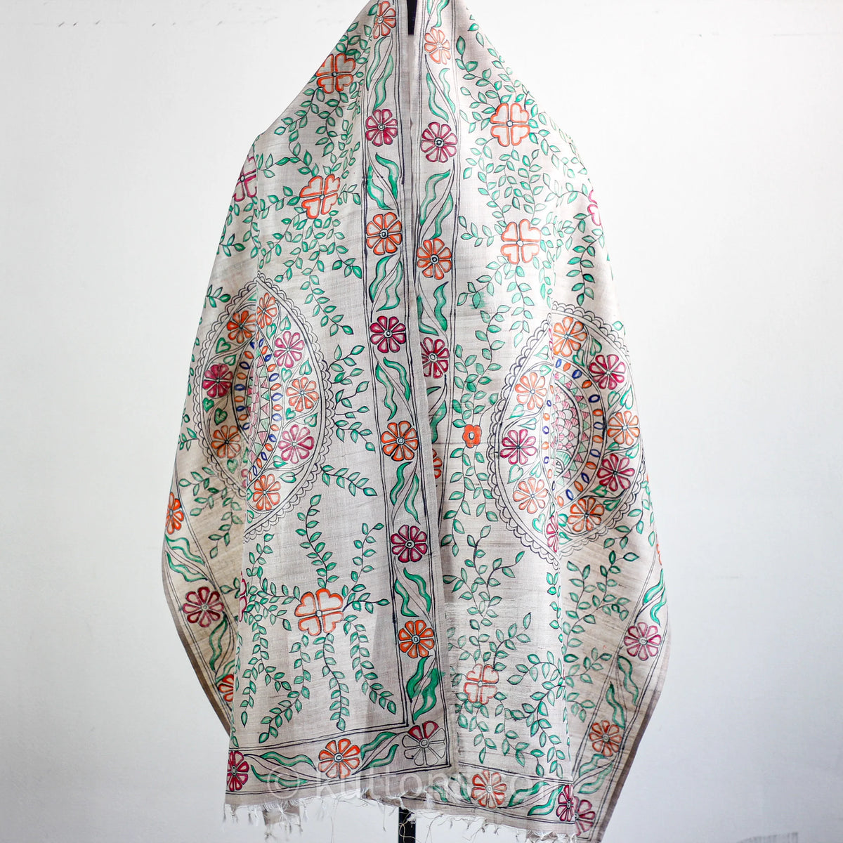 Ethnic Hand Painted Madhubani Stole Khincha Silk Handloom Wrap Golden 22x80