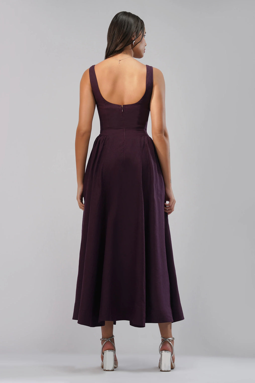 The Celeste Linen Occasion Dress Square Neck Sleeveless Full Length Linen Dress Open Scoop Back