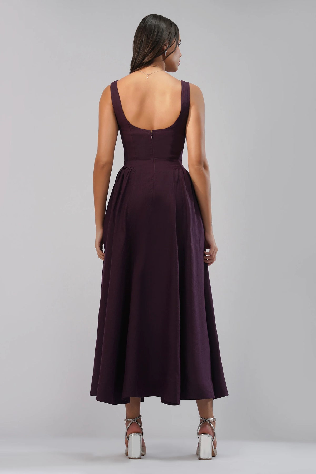 The Celeste Linen Occasion Dress Square Neck Sleeveless Full Length Linen Dress Open Scoop Back