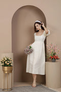 Square Neck Puff Sleeve Linen Midi Dress in Premium European Linen