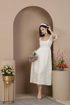 Square Neck Puff Sleeve Linen Midi Dress in Premium European Linen
