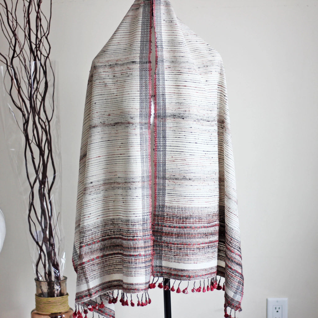 Naturally Dyed Silk Cotton Wrap with Tassels Handwoven from Cotton Eri Silk Tussar Silk White Red Stole 23x70