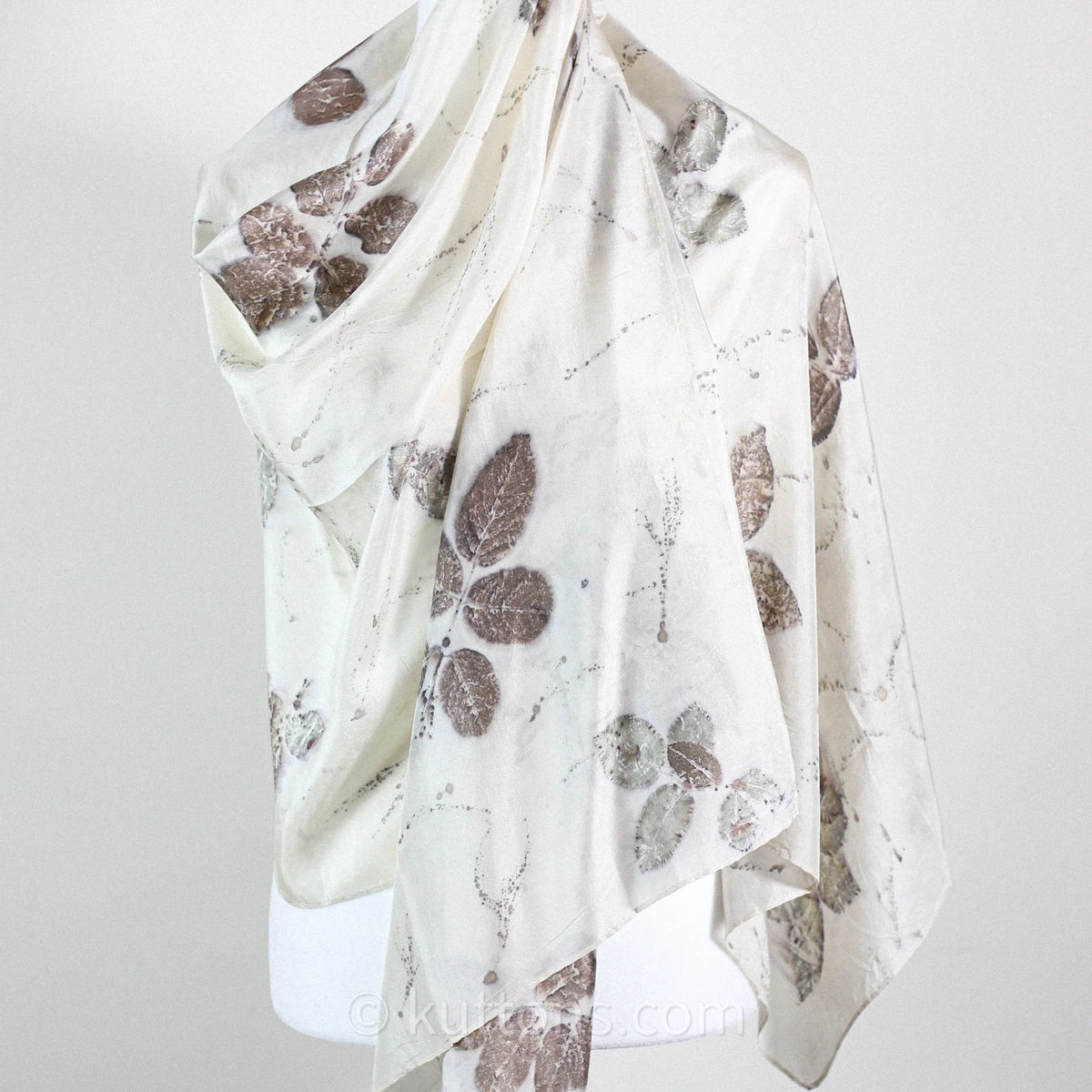 Pure Mulberry Silk Stole Eco Printed with Rose Leaves Featherweight Scarf Brown 21x72