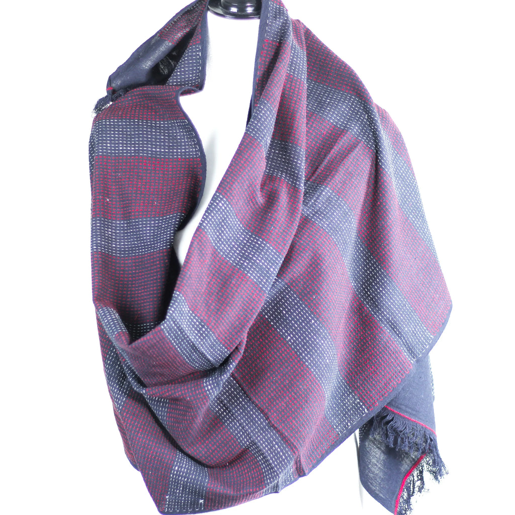Handspun Handwoven Pure Cotton Scarf Frayed Edges Black Red 23x76