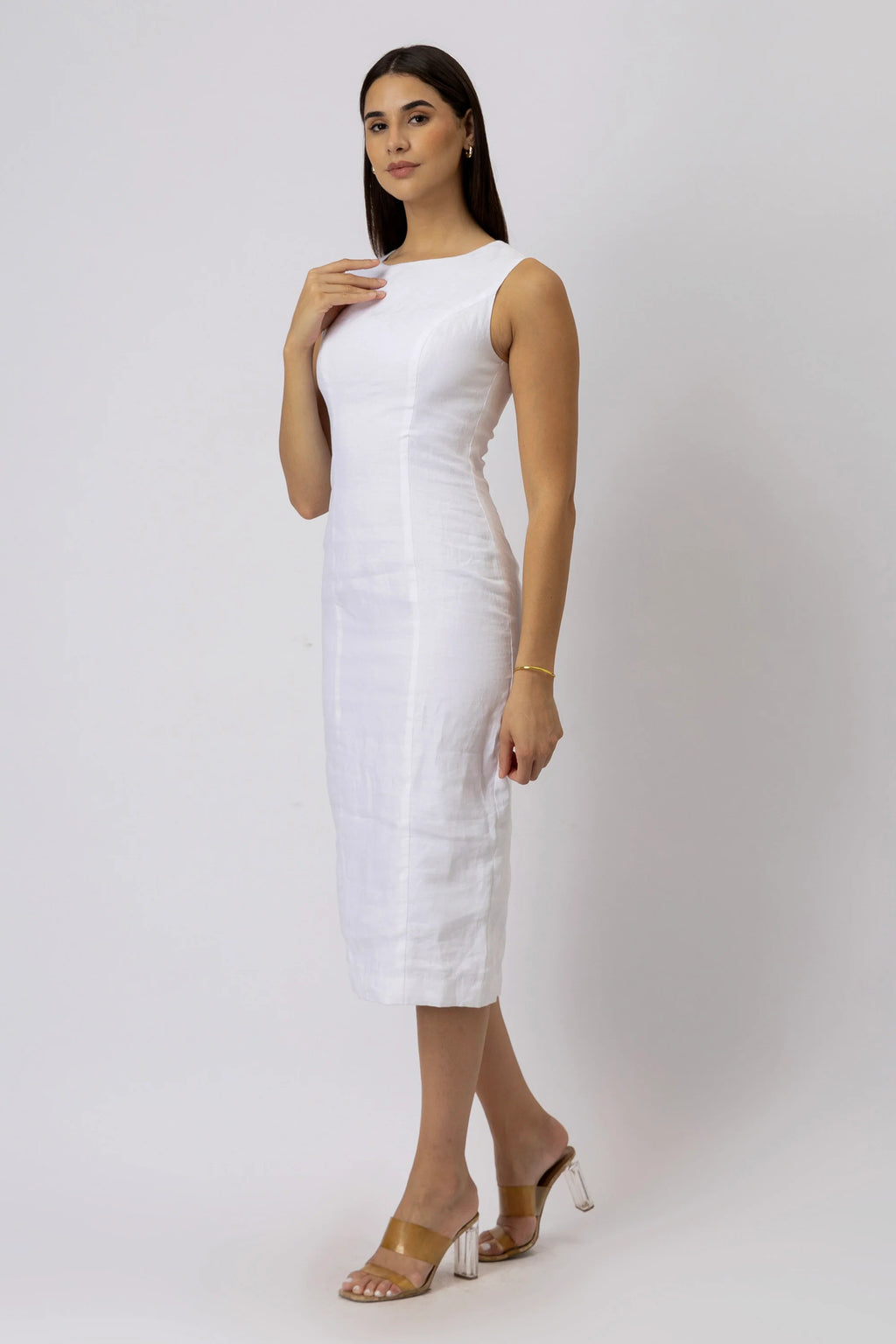 European Linen Boat Neck Sleeveless Sheath Midi Dress