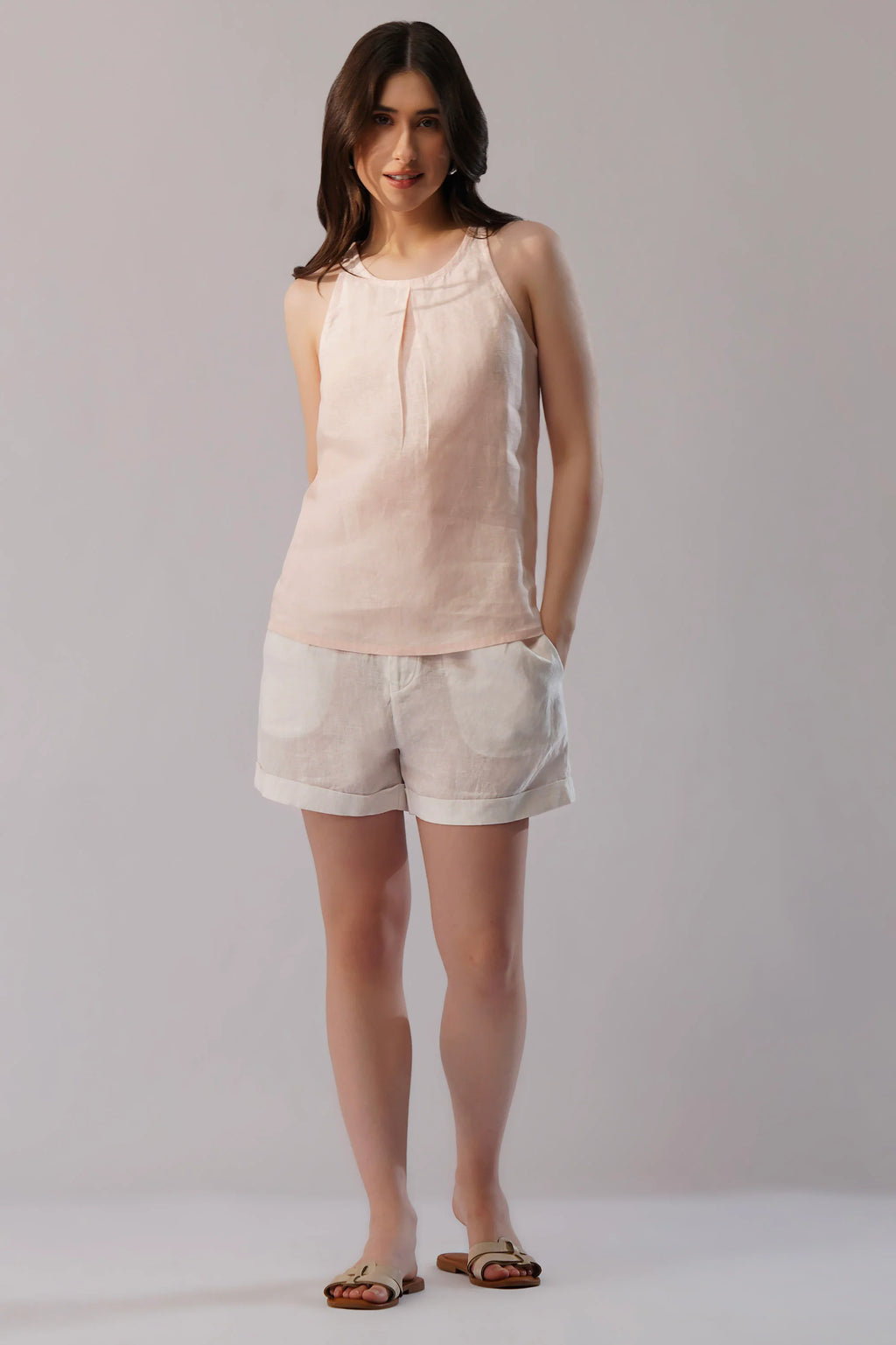 Sleeveless High Neck Linen Tank Top with Front Pleat