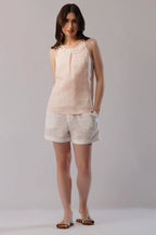 Sleeveless High Neck Linen Tank Top with Front Pleat