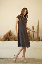 Brown Bliss Linen Dress with Cap Sleeves Boat Neck Princess Seams Short Linen Tunic Dress