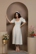 Square Neck Puff Sleeve Linen Midi Dress in Premium European Linen