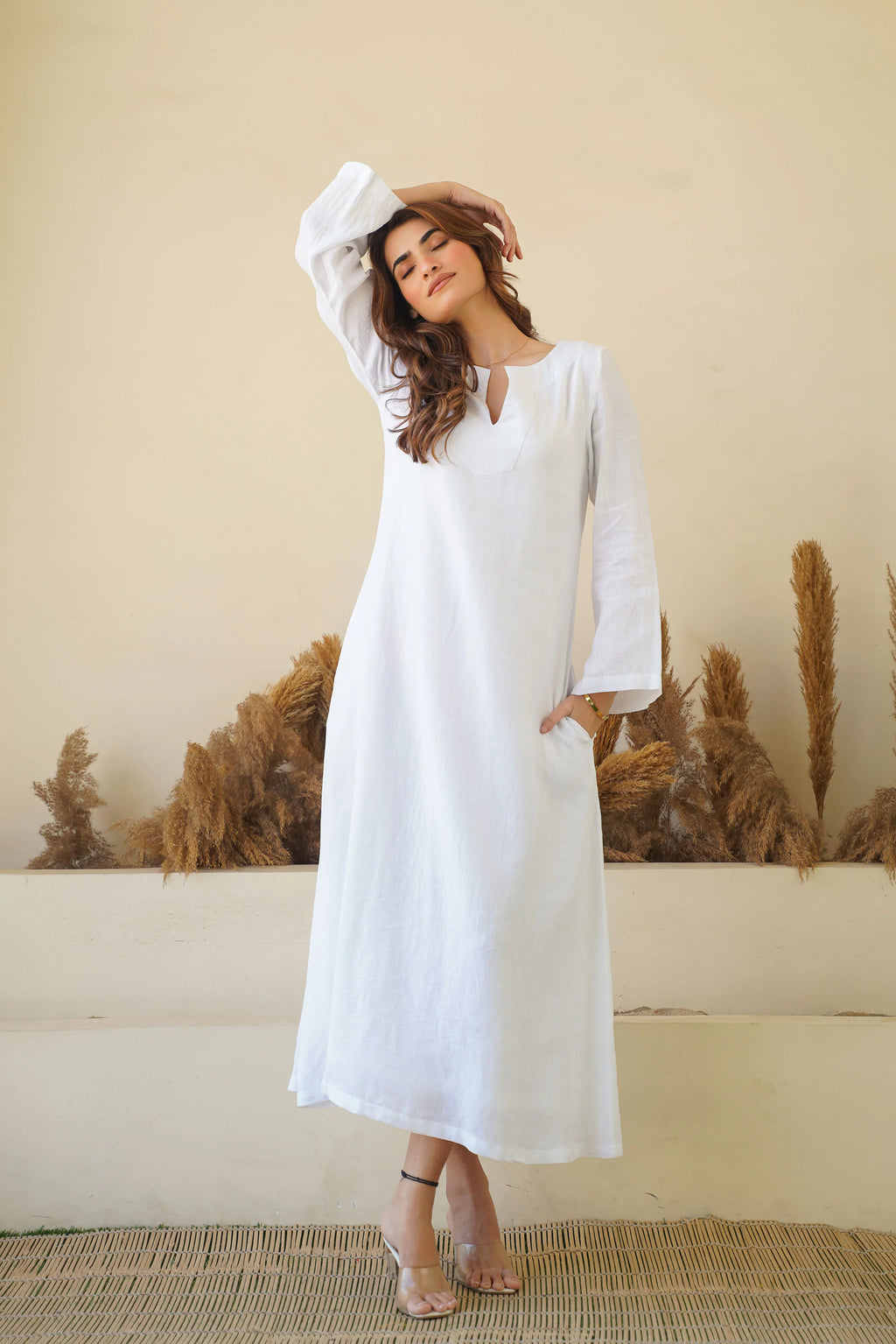 Linen Kaftan Dress Breezy White Pure Elegance Flowy Kaftan Maxi Dress with Full Sleeves Cotton Lining