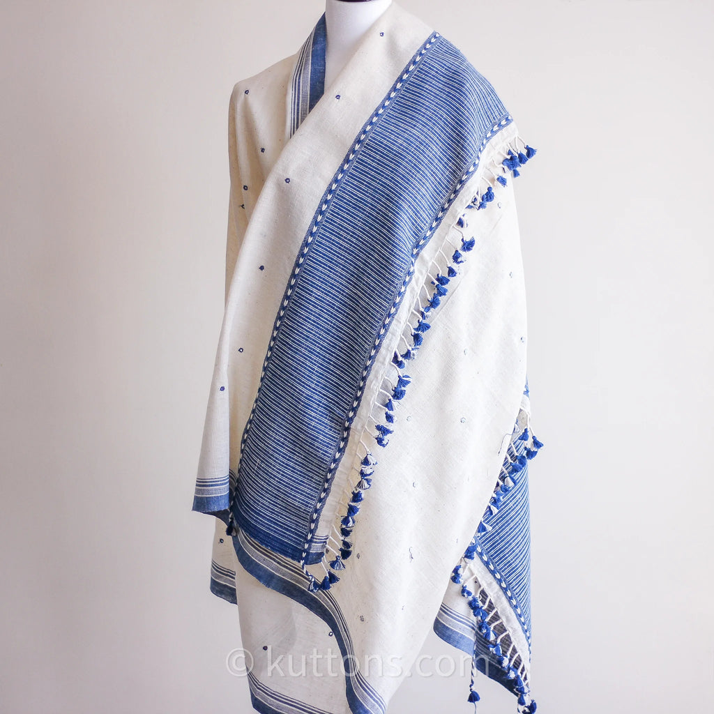 Handspun Handwoven Organic Cotton Shawl with Embroidered Mirrors 100 Organic Kala Cotton Wrap Cream Blue 40x96
