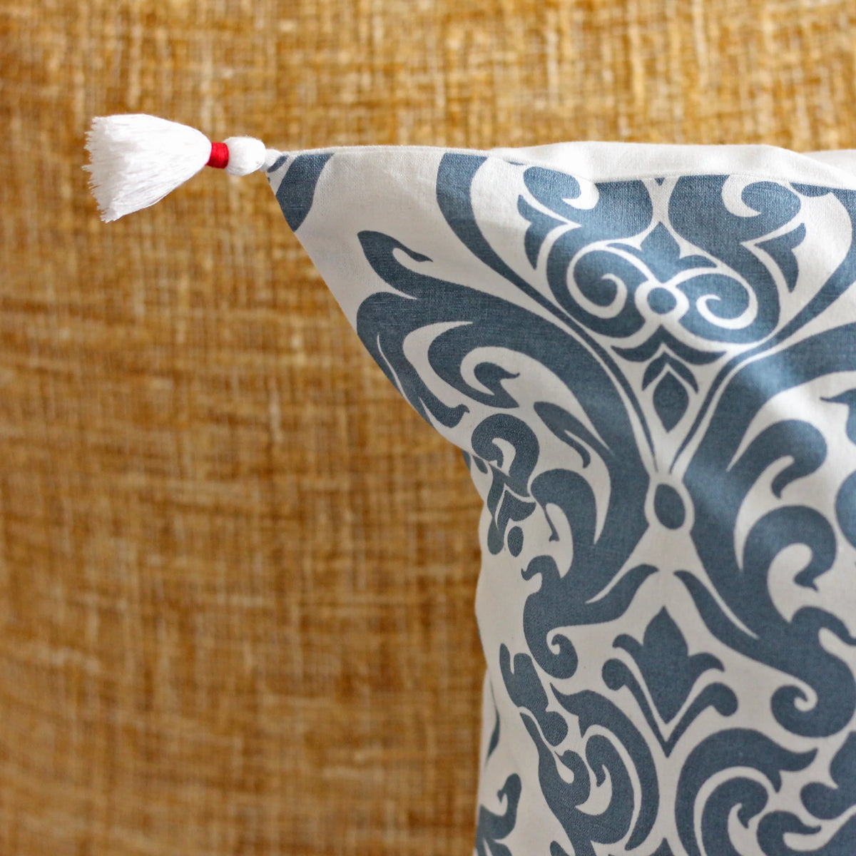 100 Cotton Throw Pillow Cover Hand Screen Printed with Damask Motif Corner Tassels Cream Blue Set of 2 20x20