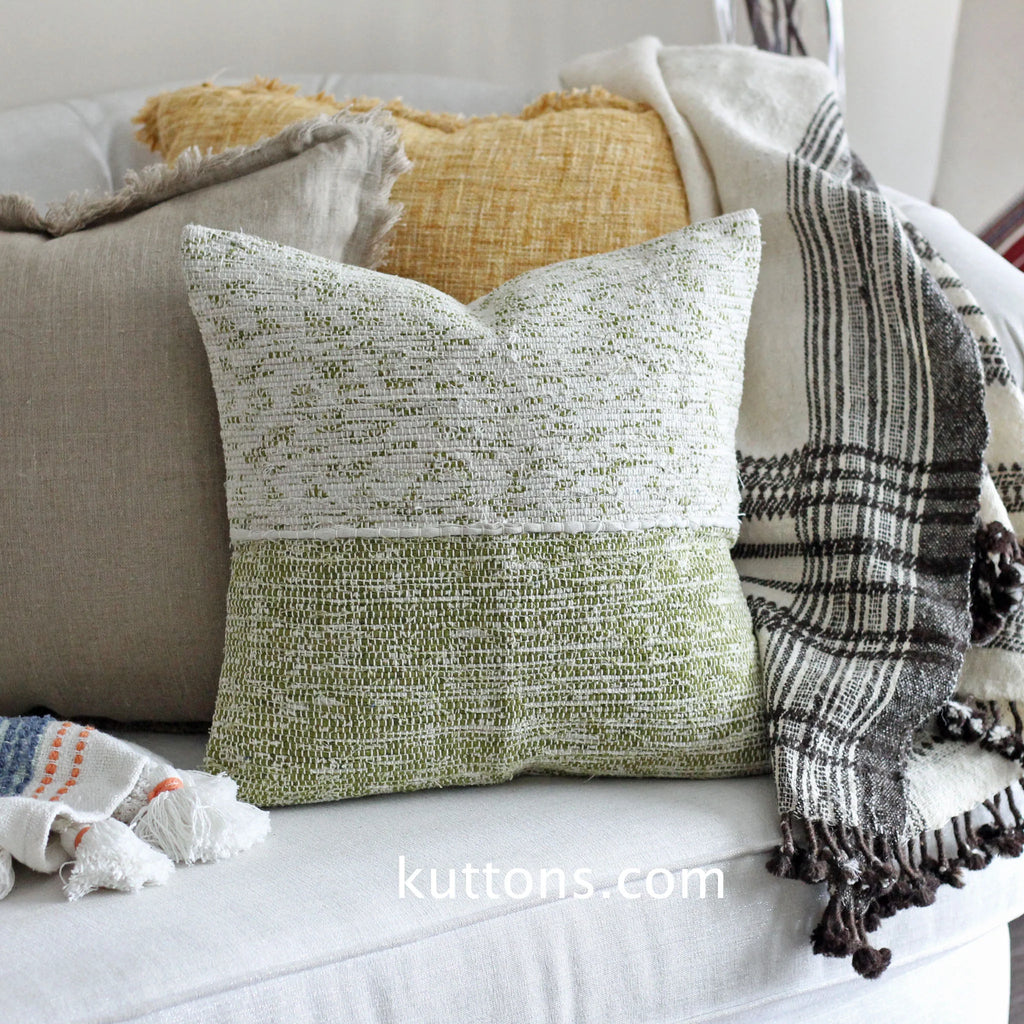 Handwoven Linen Throw Pillow Cover Made from Fabric Waste Decorative Linen Cushions Green 20x20