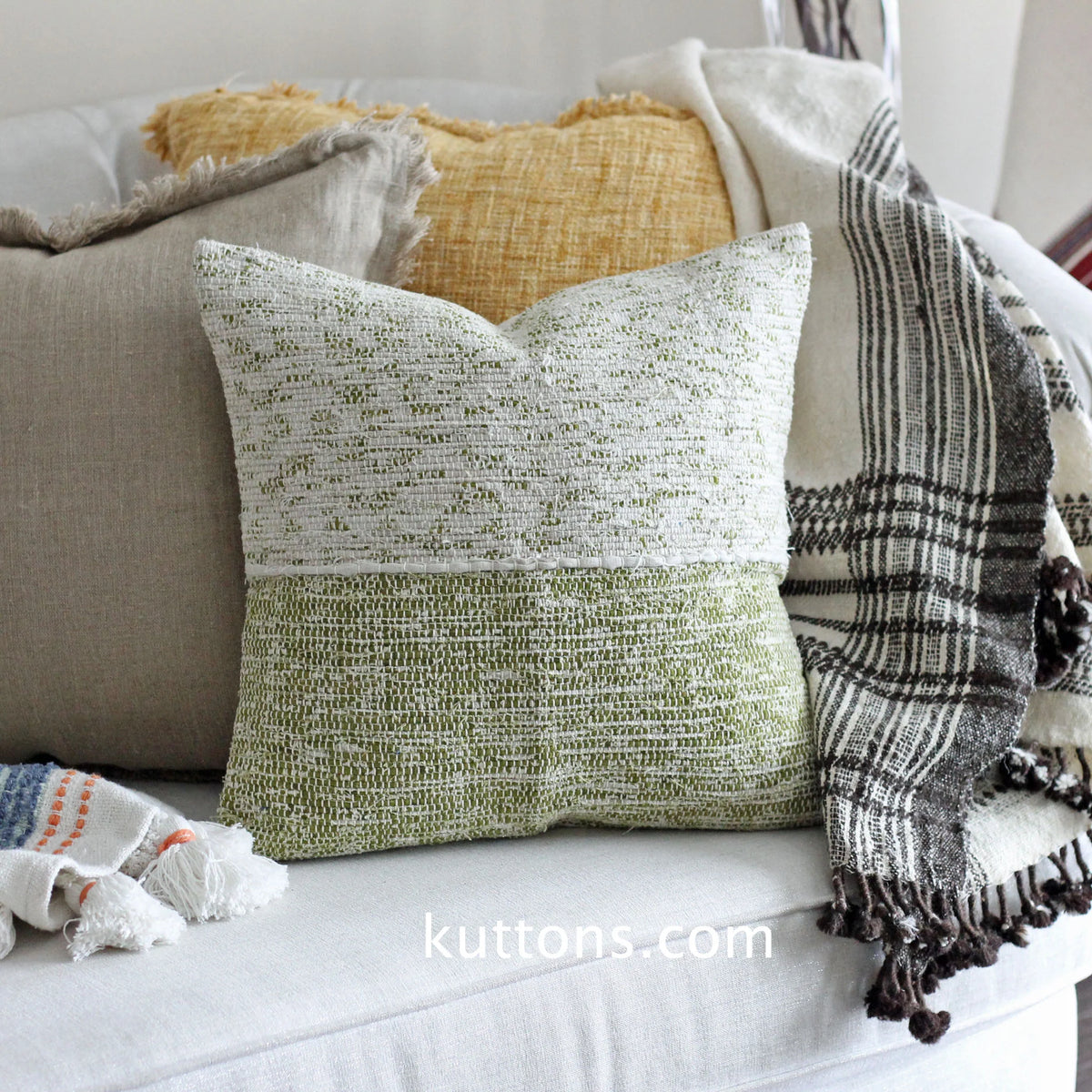 Handwoven Linen Throw Pillow Cover Made from Fabric Waste Decorative Linen Cushions Green 20x20