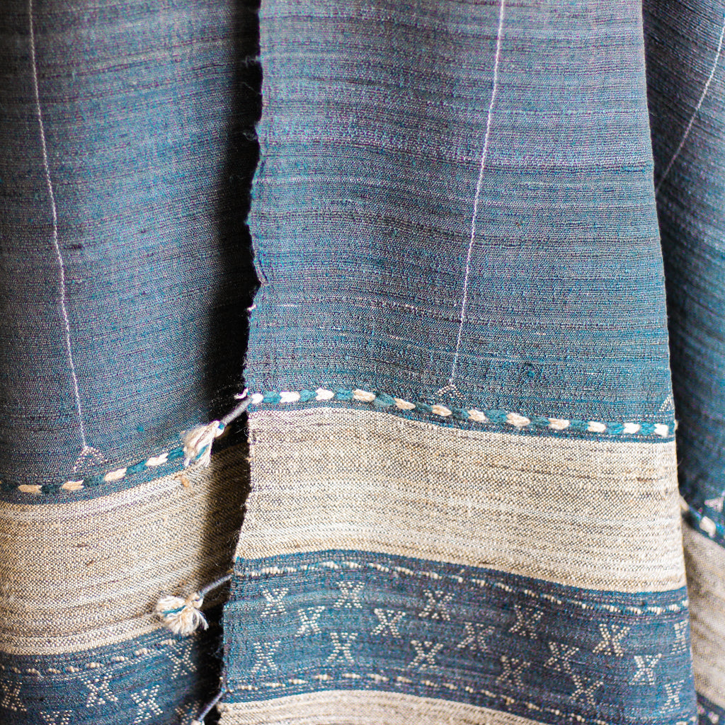 Tussar Silk Merino Wool Shawl with Tassels Handspun Handwoven Blue Golden Brown 40x82