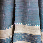 Tussar Silk Merino Wool Shawl with Tassels Handspun Handwoven Blue Golden Brown 40x82